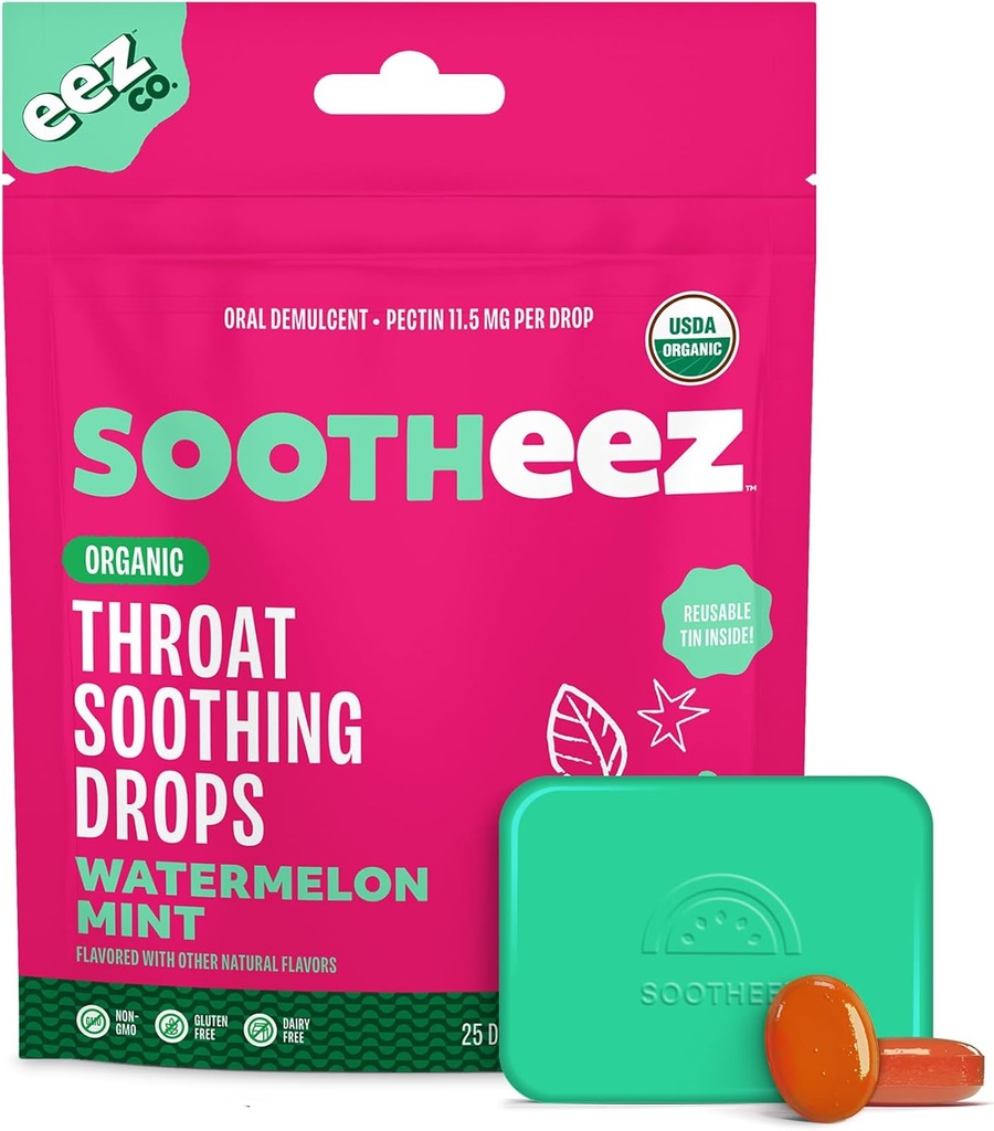 Sootheez Orgánica Gargantillas de calma para adultos, Watermelon Mint, 25 Cuenta, Refillable, Grandes gotas de corte que Sooth Sore Throats