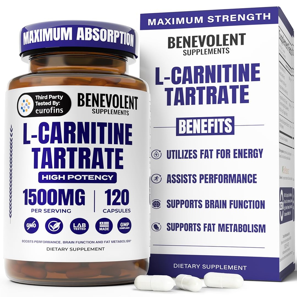 Benevolent L Carnitine Supplement - High Potency 1500mg L-Carnitine Tartrate - Fast Absorbing, Convertir grasa en energía, apoyar el músculo magro, rendimiento de entrenamiento superior & metabolismo – 120 cápsulas Vegan