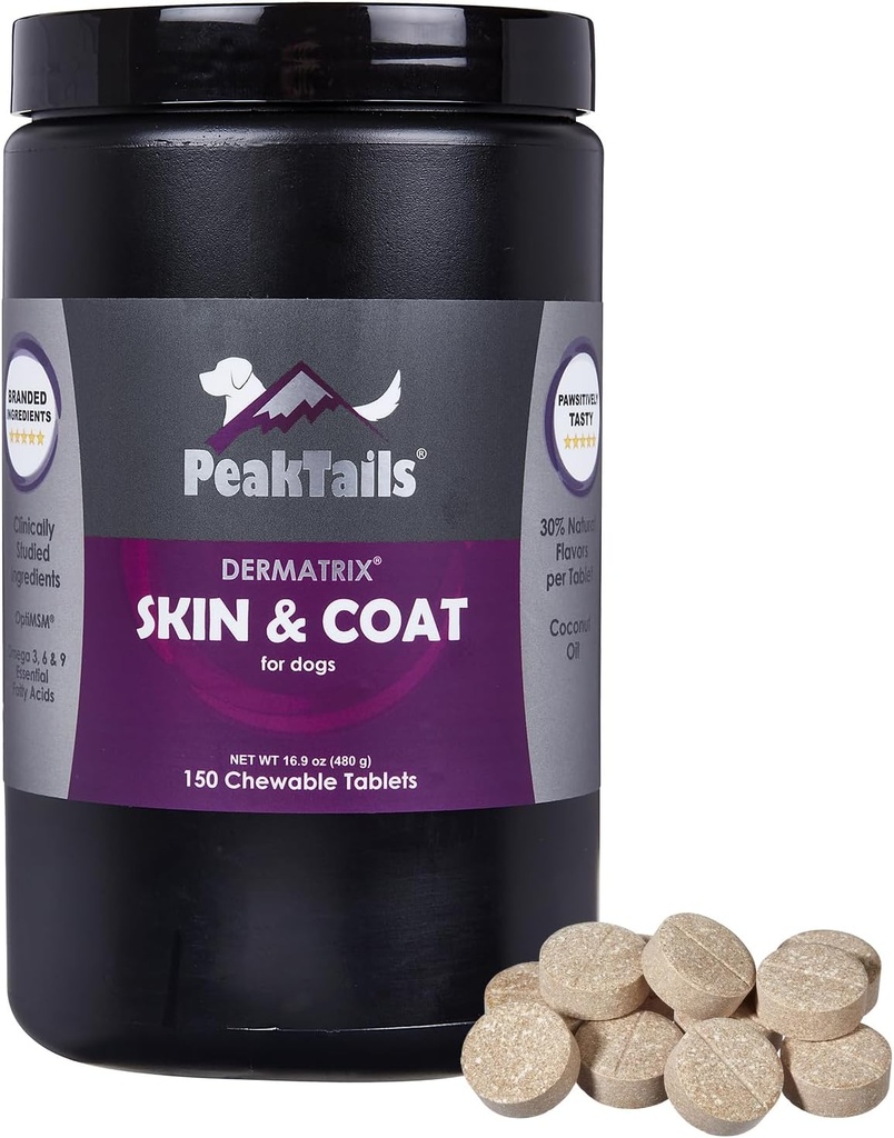 Kala Health PeakTails Skin &amp; Coat Support for Dogs – 150 Chewable Tablets with MSM, Fish Oil, Omega-3 &amp; Omega-6 – Supports Healthy Skin, Shiny Coat