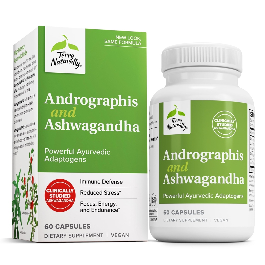 Terry Naturalmente Andrographis y Ashwagandha - Immune System Support Supplement - Support Energy & Healthy Stress Response - Energy Support Supplement - 60 Capsules (60 Servings)