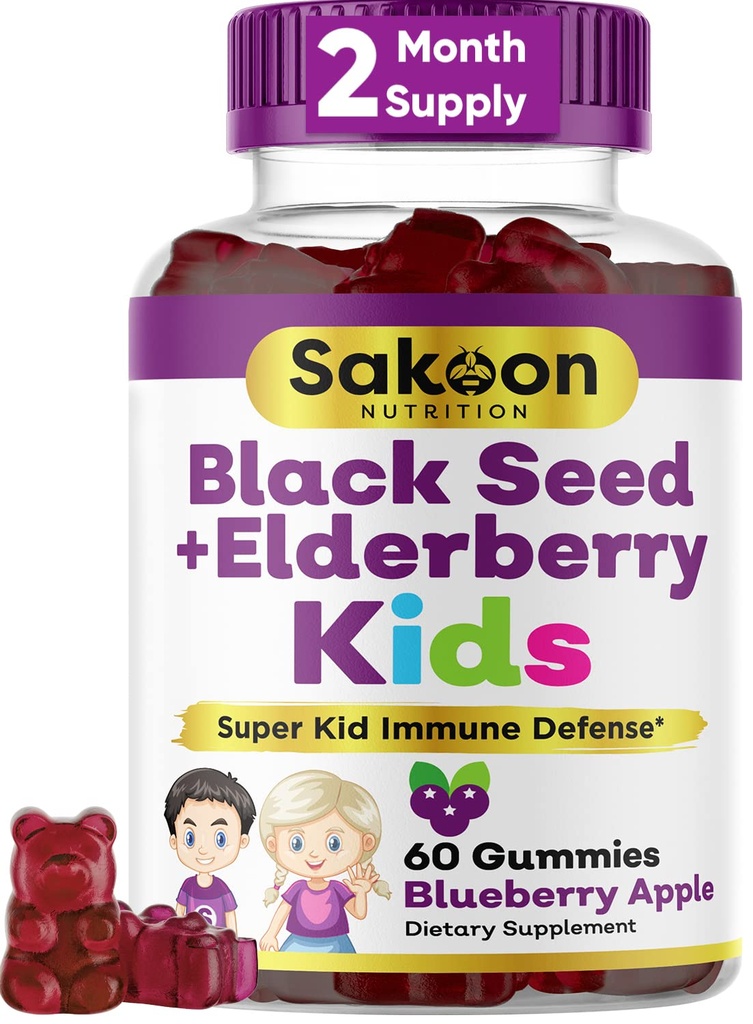 Nutrición de Sakoon Elderberry &amp; Black Seed Oil Gummies for Kids, Immune Support, con vitamina C y zinc, Delicious Berry Flavor, 60 Gummies