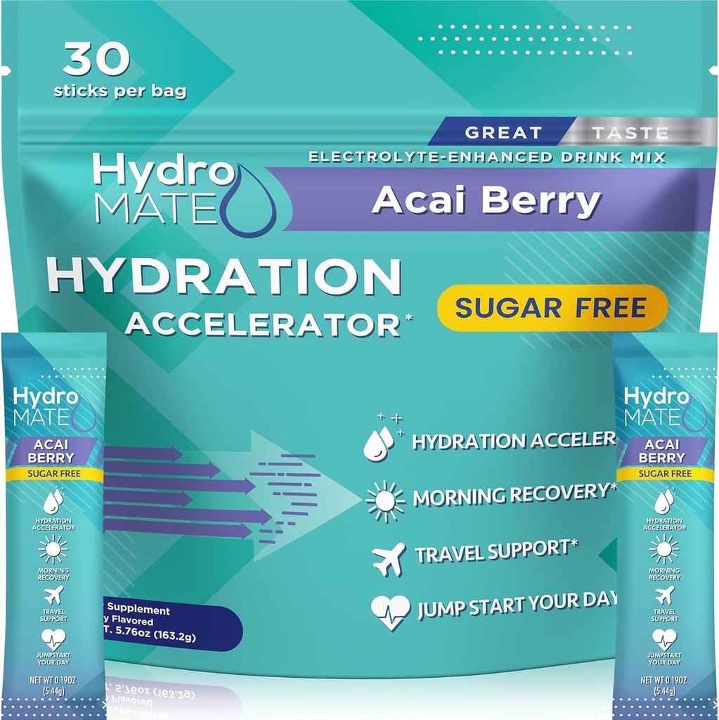 Electrolyte Powder Hidratación sin azúcar Packets Acai Berry HydroMATE 30 Sticks