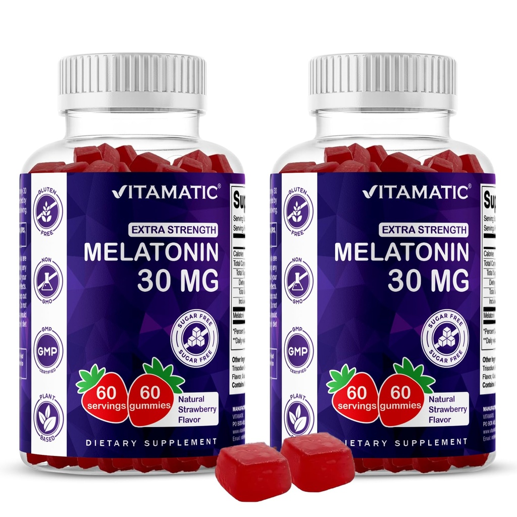 Vitamatic Sugar Free Melatonin 30mg per Gummy - 60 Servings - 60 Gummies Vegetarian - Suplemento No-Habit (60 Conde (Pack of 2))