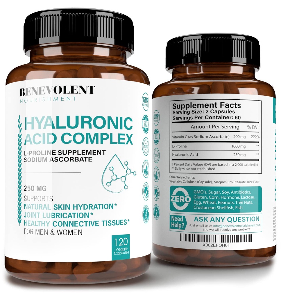 Suplementos de ácido hialurónico 250mg con 200mg Vitamina C, 1000mg L-Proline " Anti-Aging Beneficios, Cápsulas de ácido hialurónico para la piel juvenil, articulaciones " Salud de tejido conectivo - 120 Cápsulas