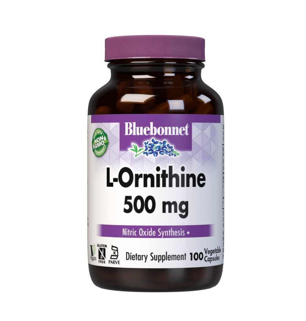 Bluebonnet Nutrition L-Ornithine 500mg, Free-Form Amino Acid, for Healthy Protein Metabolism*, Soy-Free, Gluten-Free, Non-GMO, Kosher Certified, Vegan, 100 cápsulas vegetales, 100 piezas