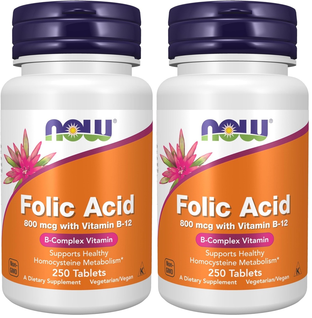 AHORA Suplementos, ácido fólico 800 mcg + B-12 (Cyanocobalamina) 25 mcg, vitamina B Complejo, 250 Tabletas (Pack of 2)