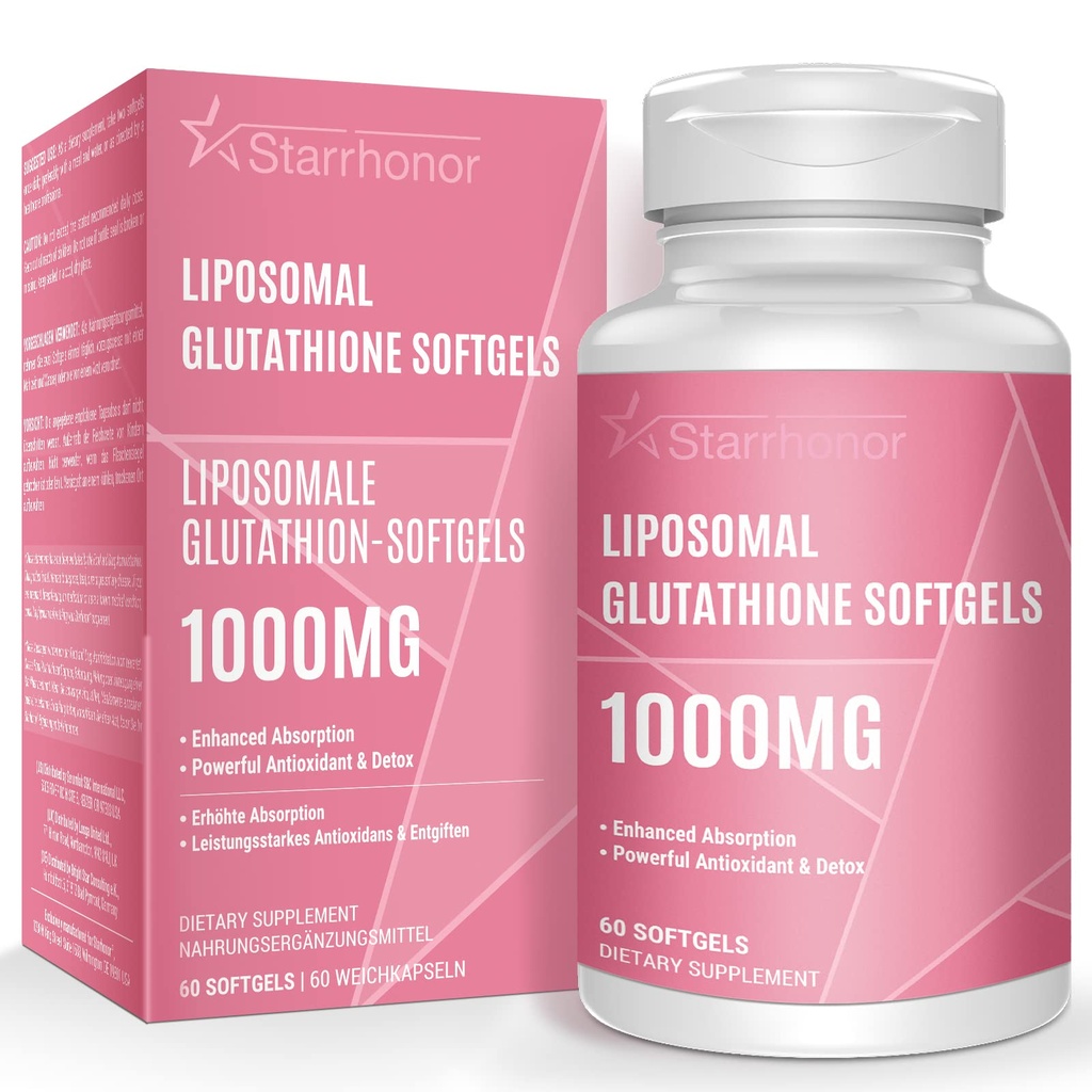 Liposomal Glutathione Softgels 1500MG, Reducido Glutathione Suplemento con vitamina C, mejor absorción, antioxidante no GMO potente para el envejecimiento saludable, detox, salud inmune, 60 Softgels