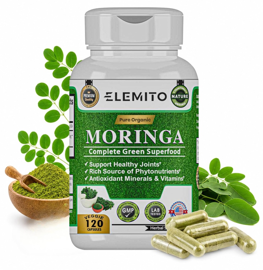 Moringa Capsules, Pure Leaf Powder, Green Superfood, Energy, Metabolism, " Immune Support, Non-GMO, Vegan, Gluten-Free - 120 Capsules