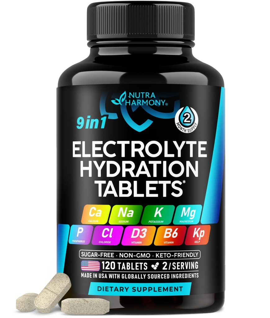 Electrolitos - Tabletas electrolíticas con Magnesio, Sodio, Potasio, Cloruro, Vitaminas D3 &amp; B6, Kelp Powder - Salt Pills - Hecho en EE.UU. - Tablas orales como cápsulas - Vegan & Keto Friendly - 120 Tabs