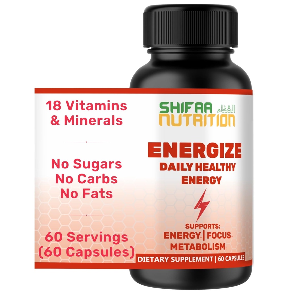 SHIFAA NUTRITION Energize, Natural Daily Energy Vitamins ← Jitter-Free, 60 Servings TEN Supports Focus, Mood, Brain, Metabolism TEN w/Caffeine & Taurine, B1, B2, B5, B6, B7, B9, B12 Halal Vitaminas