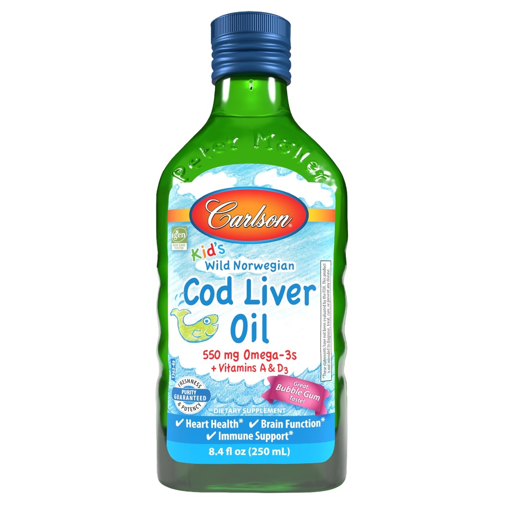 Carlson - Kid's Cod Liver Oil, 550 mg Omega-3s, Vitaminas A &amp; D3, Wild Norwegian, Bubble Gum, 250 mL
