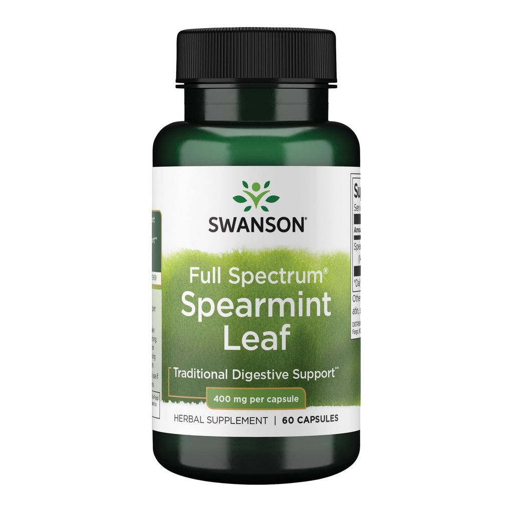Swanson Spearmint Leaf (Mentha Spicata) - Full Spectrum Herbal Supplement Supporting Digestive Health & Mild Stomach Issues - Natural Formula Supporting Health & Wellness - (60 Capsules, 400 mg cada uno)