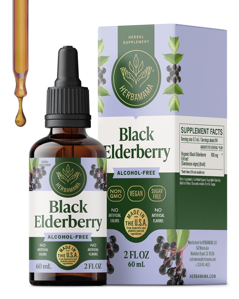 HERBAMAMA Black Elderberry Drops - Vegan Elderberry Liquid Extract for Immune Support - Non-GMO, Alcohol &amp; Sugar-Free Immunity Supplement, 21-Day Supply