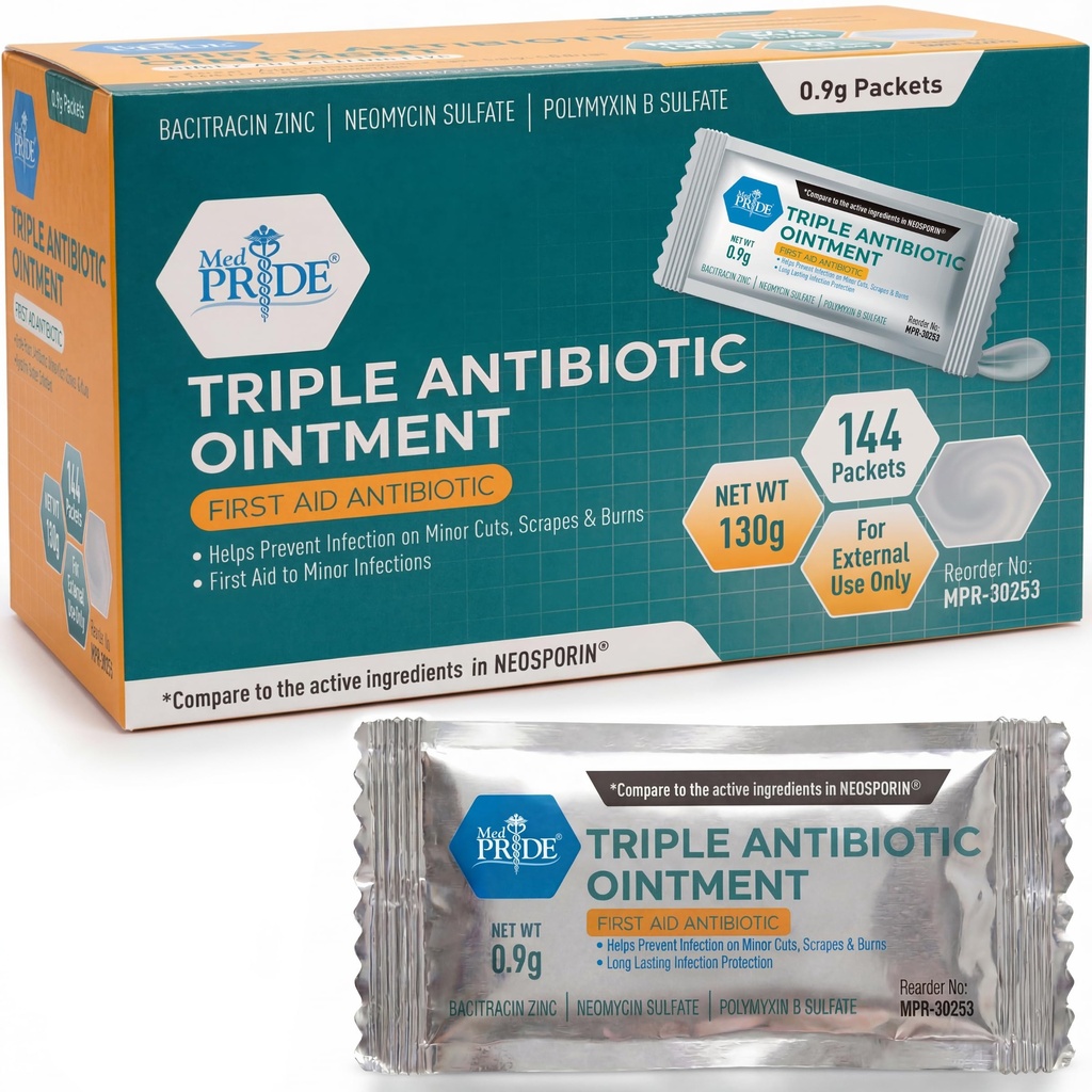 Paquetes de ungüento antibiótico triples MED PRIDE Bulk 144 X 0.9g, Packs de ungüento antibiótico individuales para quemaduras, cortes, cuidado de heridas