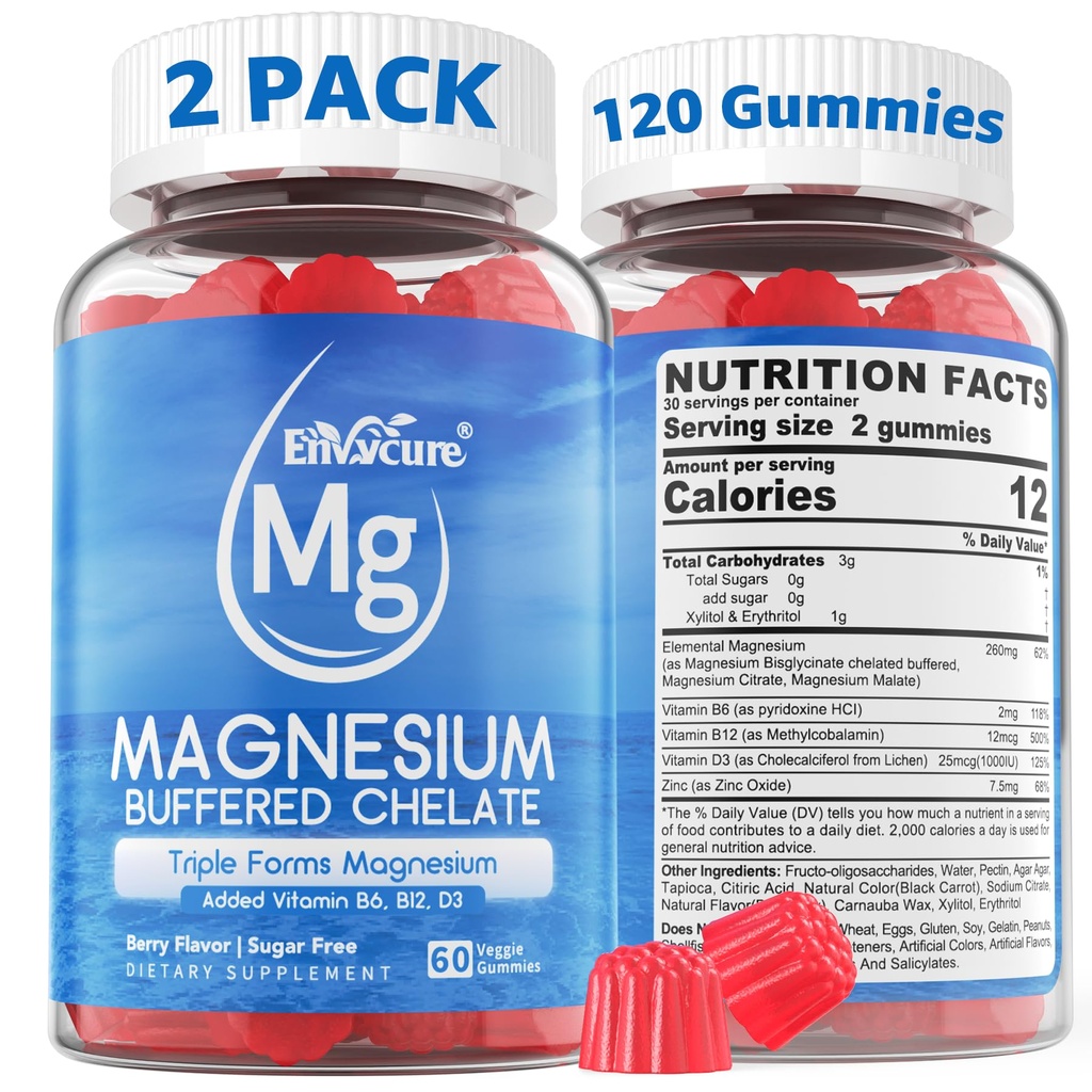Magnesium Gummies - Complejo de Magnesio Triple, Magnesium Glycinate Gummies ← Magnesium Glycinate, Malate, Citrate w/ D3 B6 B12, para la calma, el sueño &amp; el músculo cárntico ← Absorción alta ¦ Vegan, 2 Pack