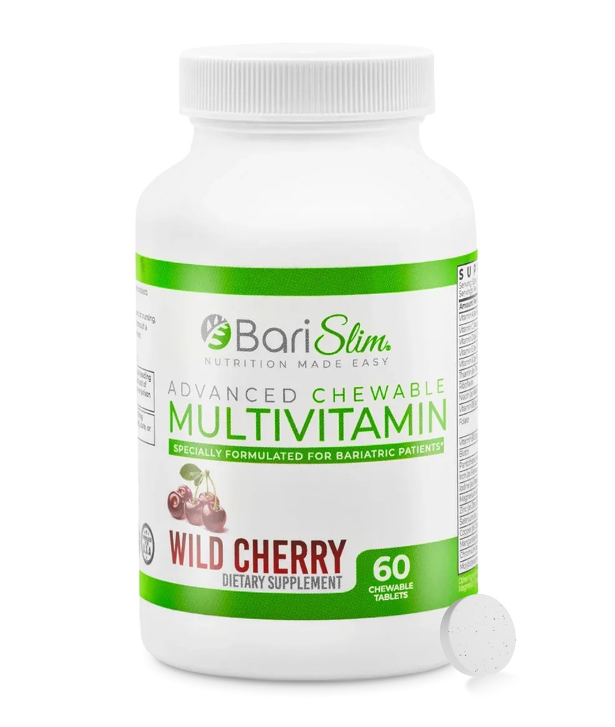 BariSlim Advanced Chewable Tablas multivitamínicas - Vitamina Bariatrica y Suplemento para Cirugía Post-Bariatrica Incluye Bypass Gástrico y Sleeve Gástrico TENIDO Cereza Silvestre (60 Cuenta)