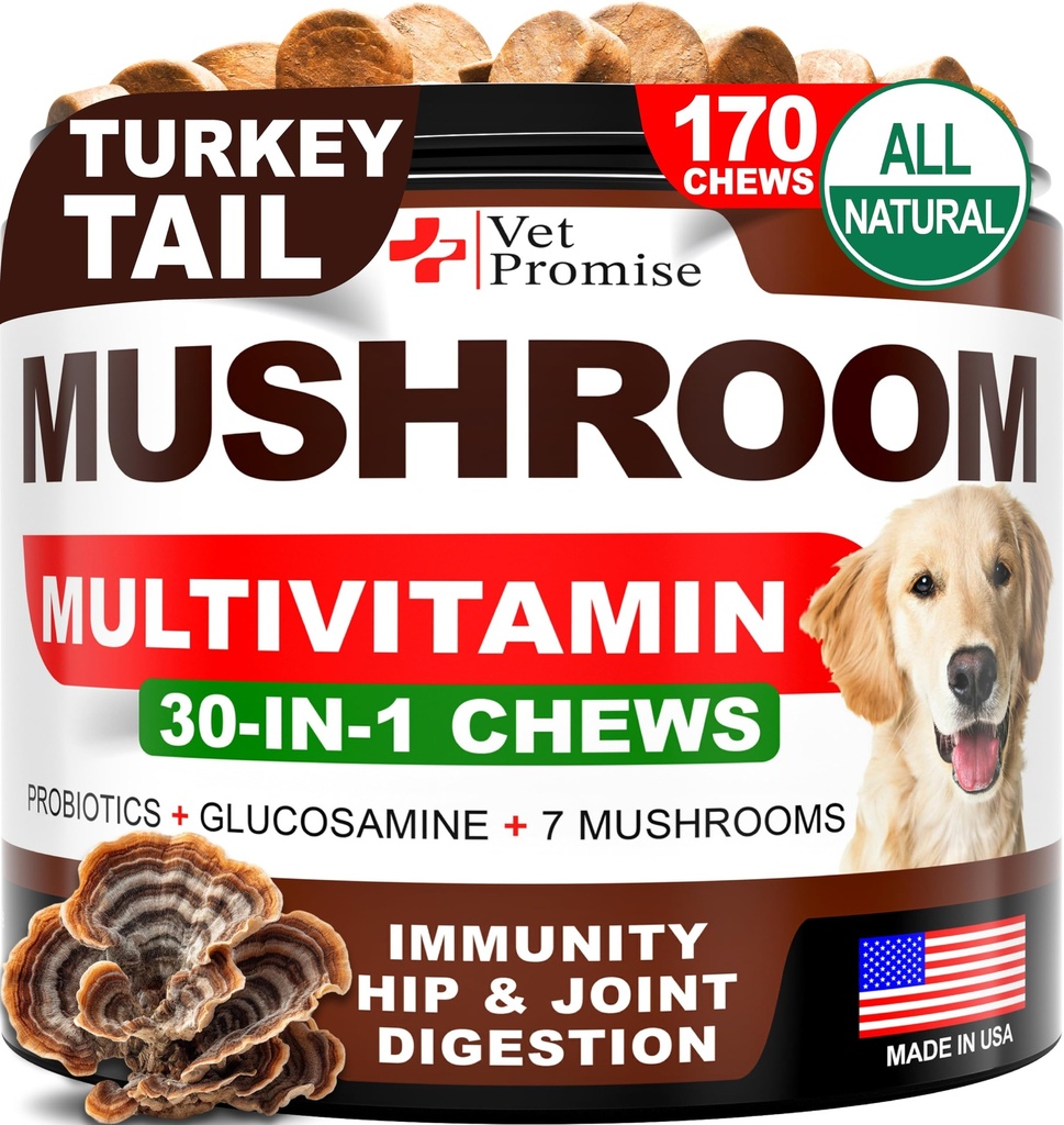 Mushroom for Dogs - 170 Chews - Turquía Tail - Mushroom Supplement for Dogs - Lions Mane - Reishi - Immunity Support Multivitamin Vitamins - Joint Health - Energy - Gut - Skin - Made in USA