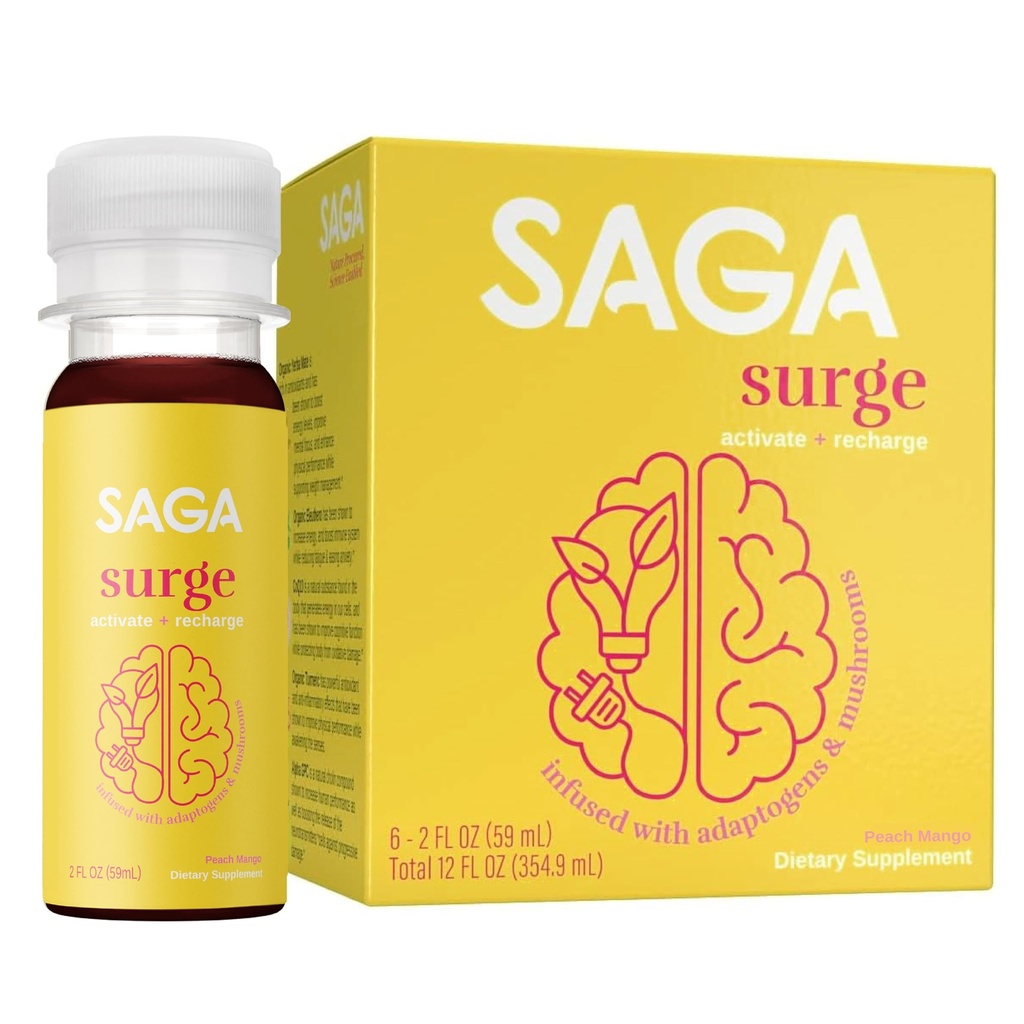 SAGA SURGE Organic Energy Shots ← Rendimiento Bebida  Yerba Mate &amp; Alpha GPC Suplemento con CoQ10, Turmeric &amp; Mushrooms ANTE Pre Workout Boost Drink for Focus, Endurance & Performance TEN 2oz Peach Mango