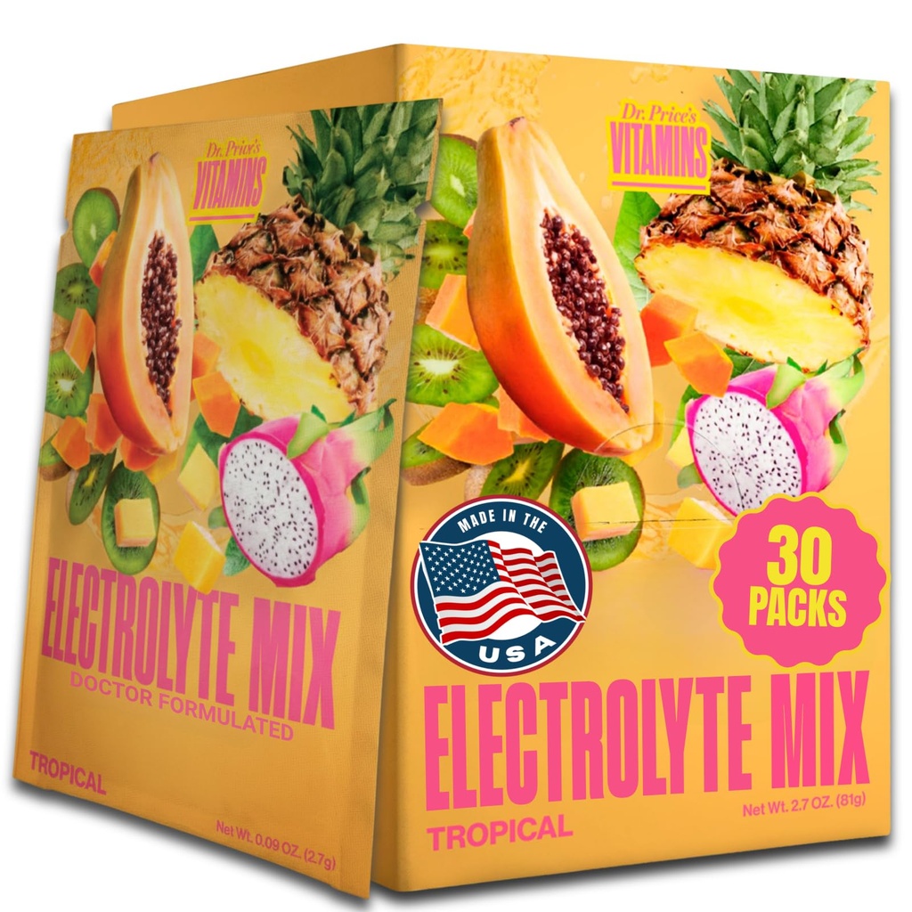 Dr. Price's Electrolyte Mix ← Polvo de Hidratación Libre de Azúcar con 72+ Minerales de Traza Silencio sin Azúcar, Electrolitos de resolución rápida Powder Packets ← Tropical (30 Packs)