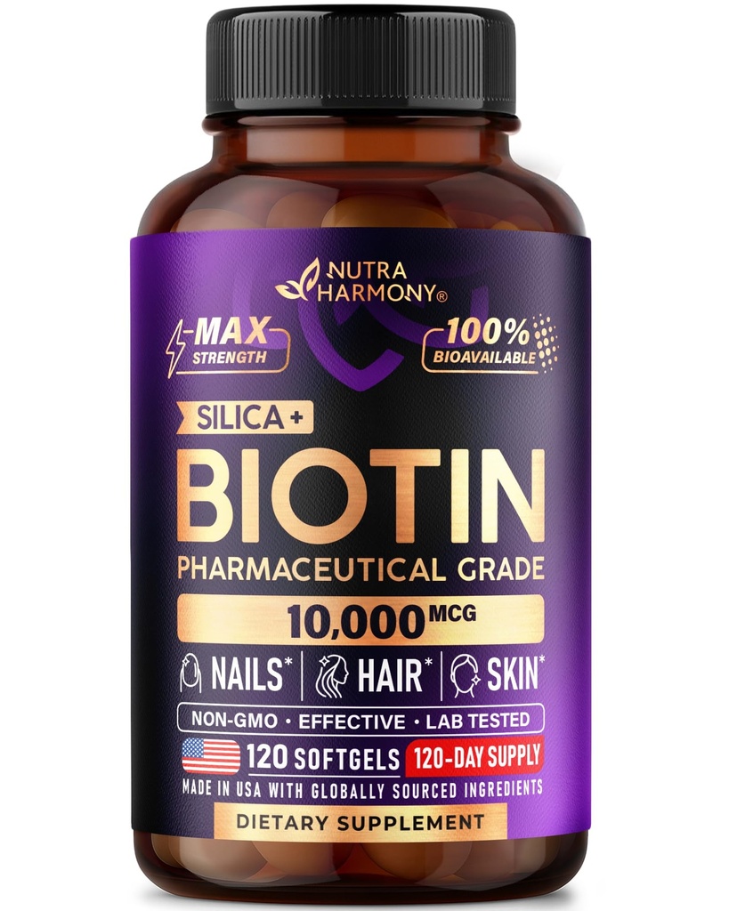 Biotina 10000mcg con silicona - Suplemento Farmacéutico de Grado Biotina para Mujeres - Apoyo al Crecimiento del Pelo, Esquía &amp; uñas - Max Strength &amp; 100% Bioavailability - Made in USA - 120 Softgels, 120 Days Supply