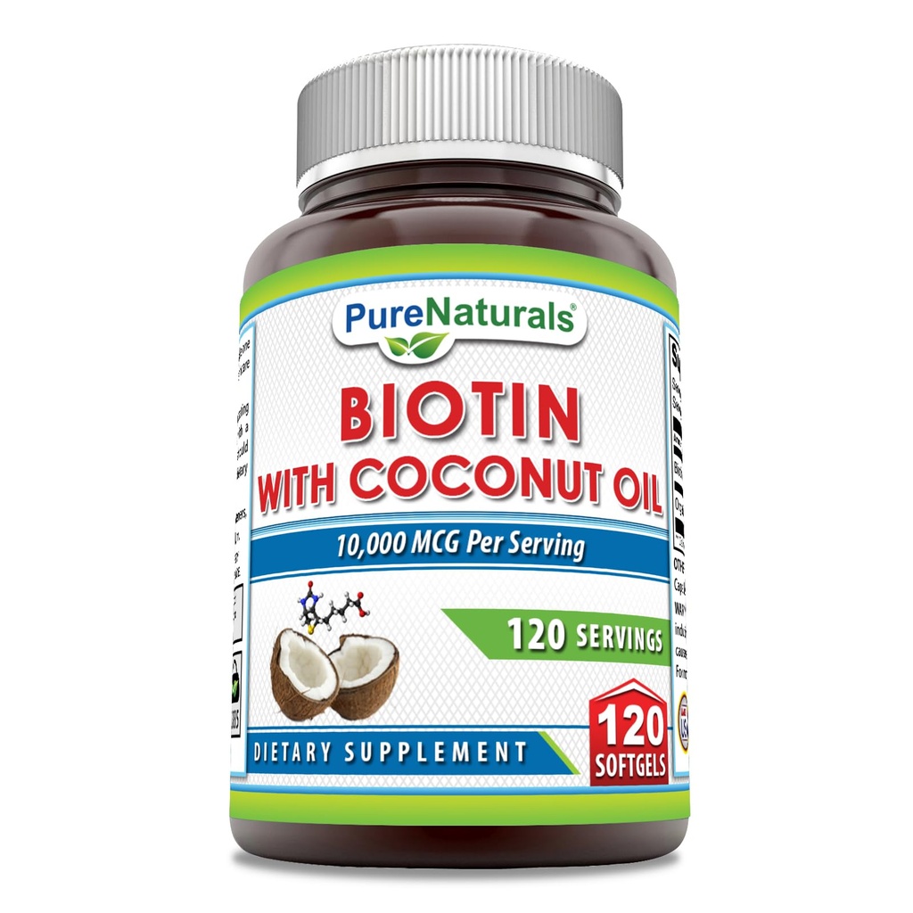 Naturales puros Biotin 10000 Mcg con aceite de coco orgánico virgen extra 120 Softgels ← No Gluten Free ← Made in USA