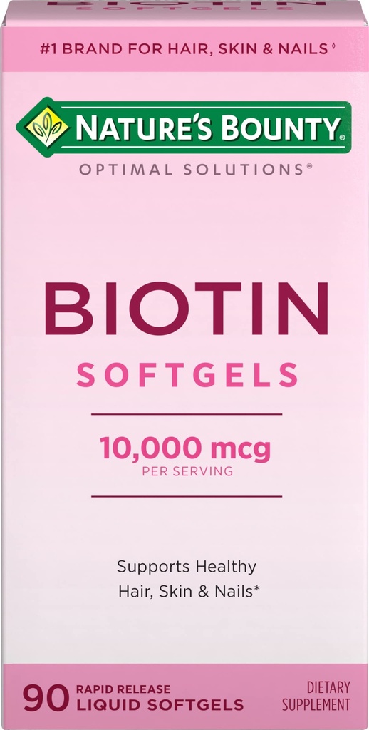 Suplemento Bounty Biotin 10000mcg de la naturaleza, soporta cabello saludable, piel y uñas, soluciones óptimas Vitamina del cabello con biotina, 90 Rapid Release Softgels