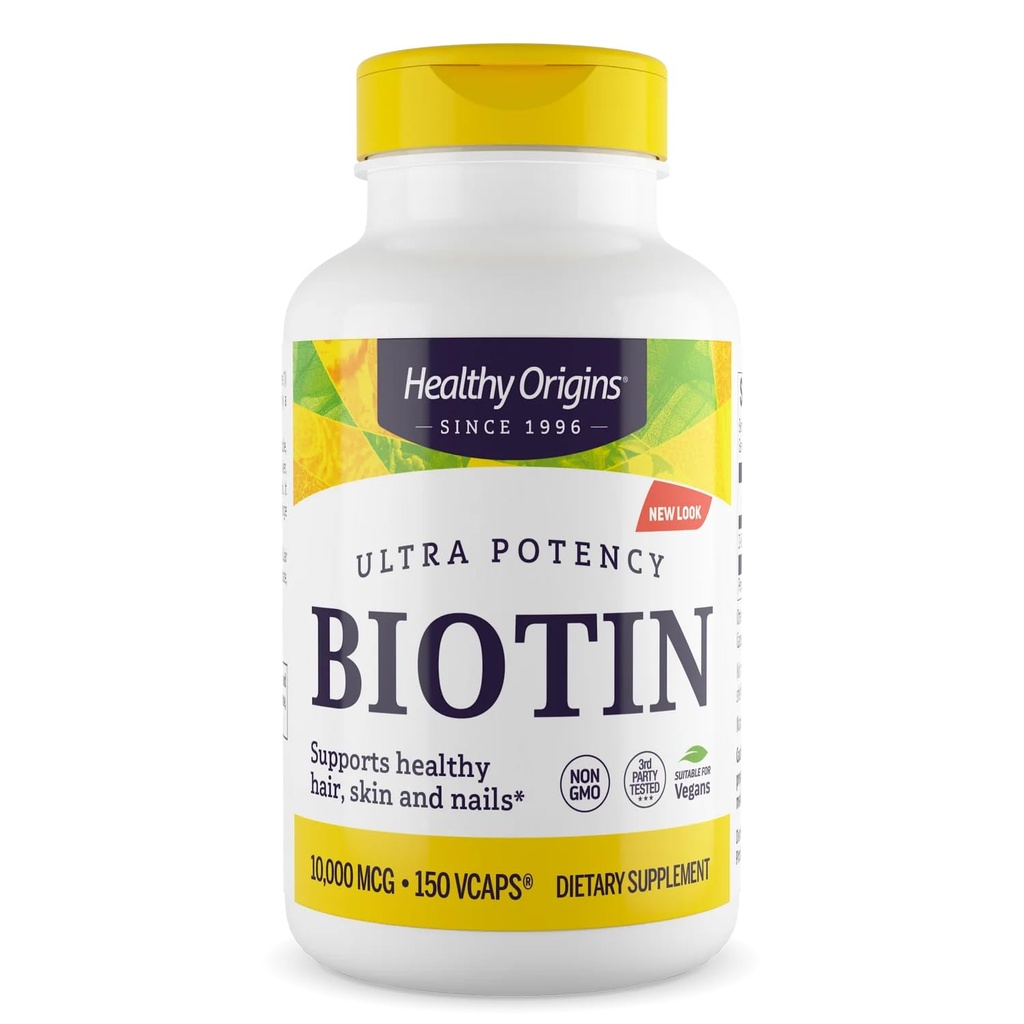 Orígenes saludables Biotina 10.000 mcg (USP Grade, Non-GMO, Gluten Free, Hair Support, Nail Support), 150 Veggie Caps