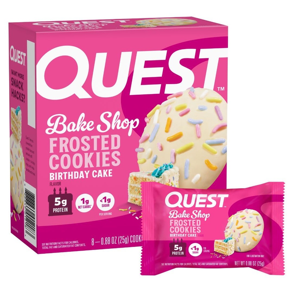 Quest Nutrition Frosted Protein Cookies, Pastel de Cumpleaños, <1g Sugar, 5g Protein, 1g Net Carbs, Gluten Free, 8 Cookies