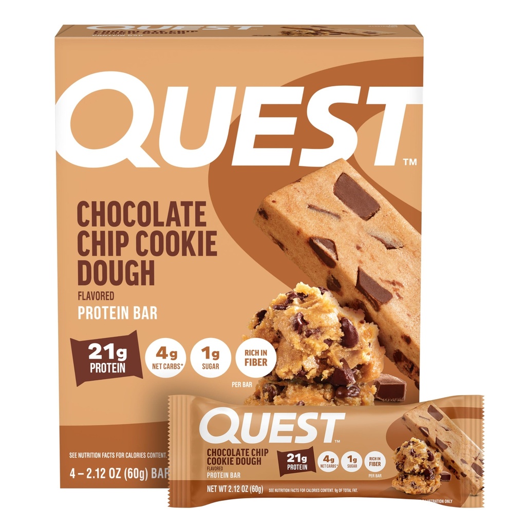 Quest Nutrition Chocolate Chip Cookie Dough Protein Bares, 21g Protein, 4, Net Carbs, 1g Sugar, High Fiber, Gluten Free, Keto Friendly, 4 Count