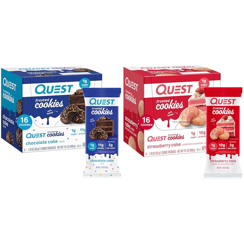Quest Nutrition Frosted Cookies Twin Pack Bundle, Chocolate Cake 1g Sugar 11g Protein 2g Net Carbs and Strawberry Cake 1g Sugar 10g Protein 2g Net Carbs, Gluten Free, 16 Cookies Cada uno
