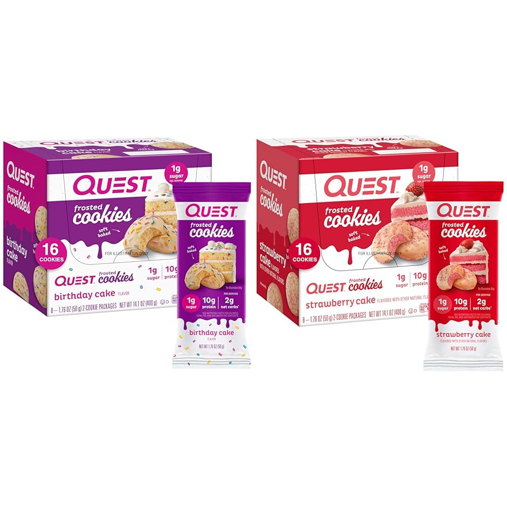 Quest Galletas Frosted Twin Pack con pastel de cumpleaños 1g Sugar 10g Protein 2g Net Carbs Gluten Gratis 8 Cuenta y pastel de fresa 1g Sugar 10g Protein 2g Net Carbs Gluten Gratis 16 Cookies
