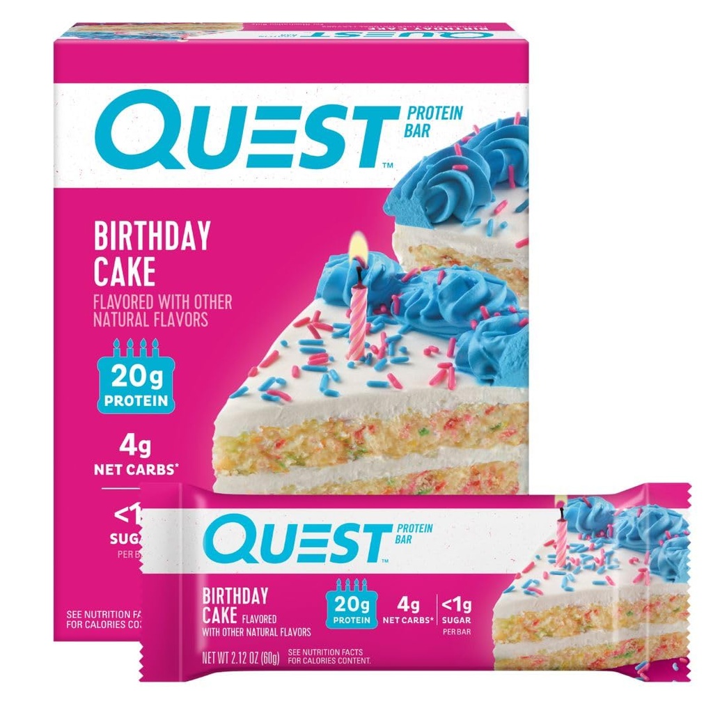 Quest Nutrition Cumpleaños Cake Protein Bares, 20g Protein, 4g net Carbs, 1g Sugar, Gluten Free, Keto Friendly, 4 Conde