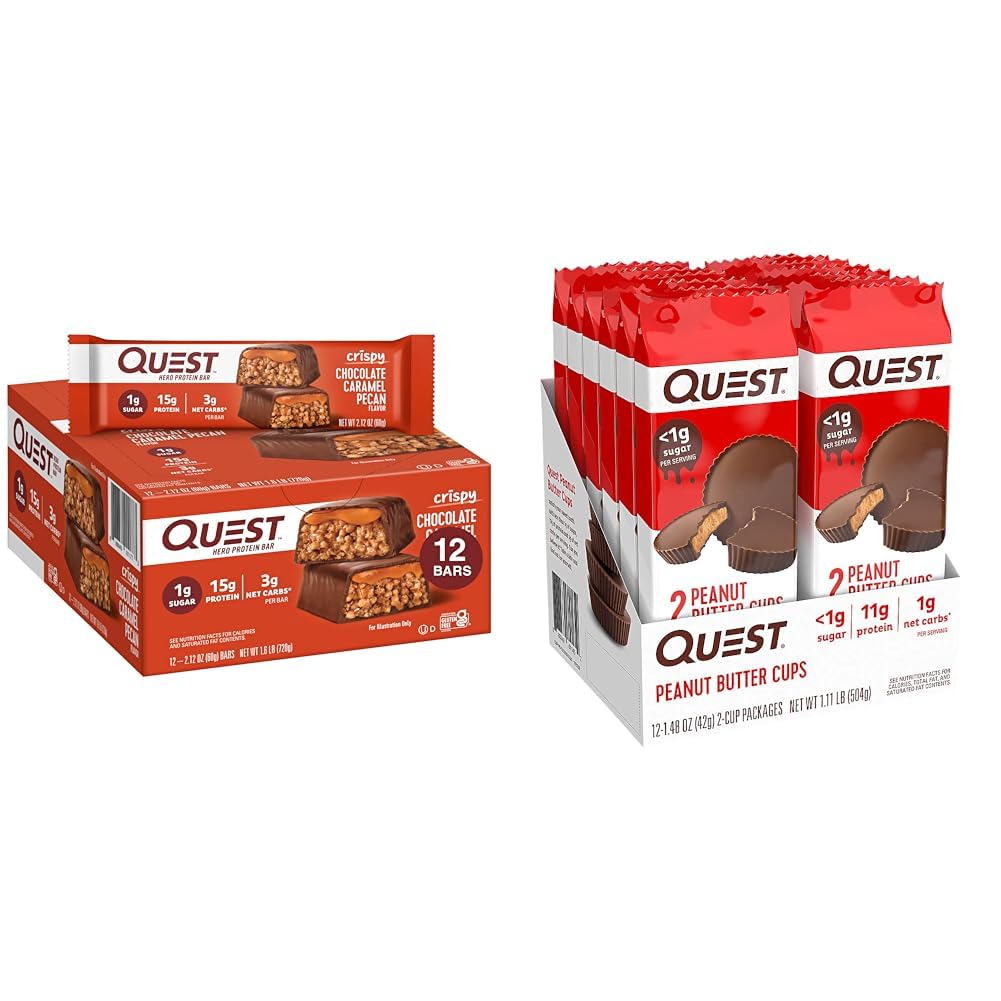 Quest Nutrition Crispy Chocolate Caramel Pecan Hero Protein Bar, 15g Protein, 1g Sugar &amp; High Protein Low Carb, Gluten Free, Keto Friendly, Peanut Butter Cups, 12 Condes