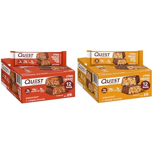 Quest Hero Protein Bares, Crispy Chocolate Caramel Pecan y Chocolate Peanut Butter, 15-18g Protein, 1g Azúcar, 12 Conde