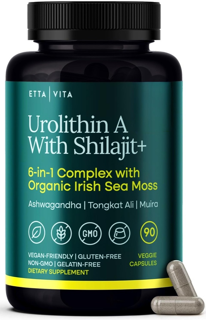 Urolithin-A Complex w Shilajit, Organic Sea Moss, Ashwagandha & Tongkat Ali, Natural Energy, Libido, Hormone Balance, and Focus for Men &amp; Women (Made in USA - 3rd Party Tested)