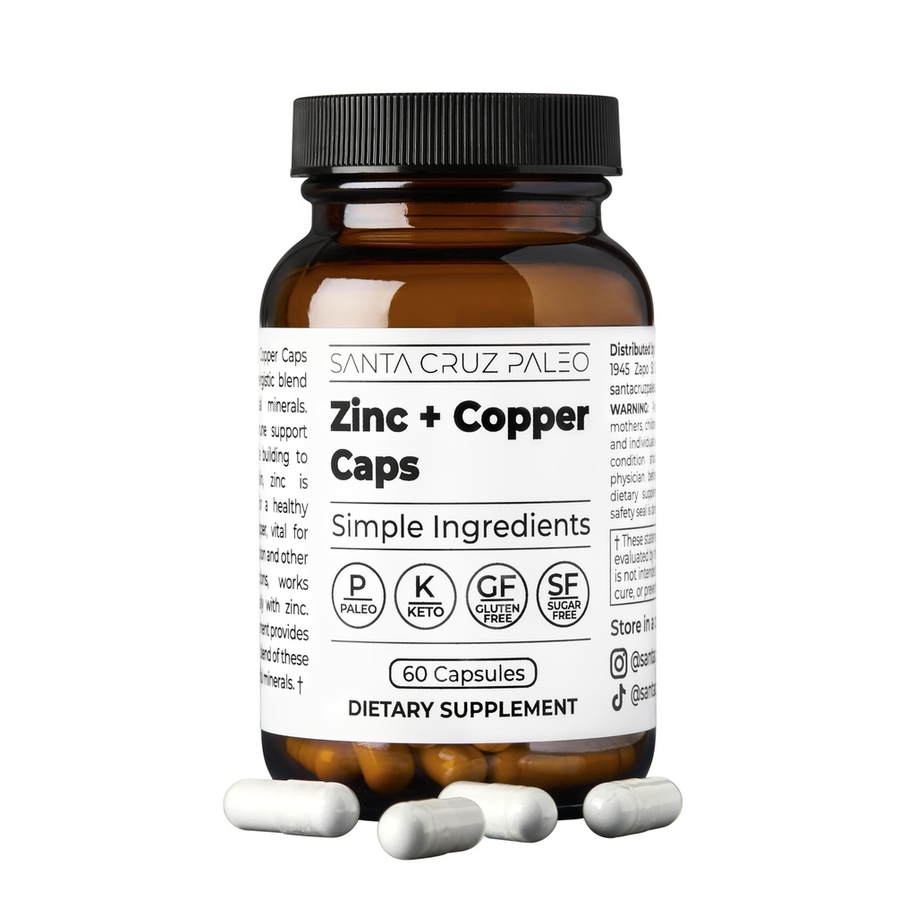 Santa Cruz Paleo, Zinc &amp; Copper Mineral Supplement, High Absorption Formula, Zinc Supplement for Skin & Hair, L Methionine, Copper Gluconate, Trace Minerals, Gluten Free, Keto, Paleo, 60 cápsulas