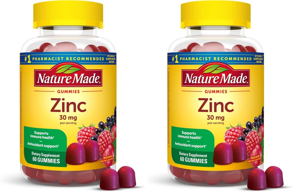 Nature Made Zinc Suplementos 30 mg Por Serving, Suplemento dietético para Immune Health and Antioxidant Support, 60 Zinc Gummies, 30 Day Supply, (Pack of 2)