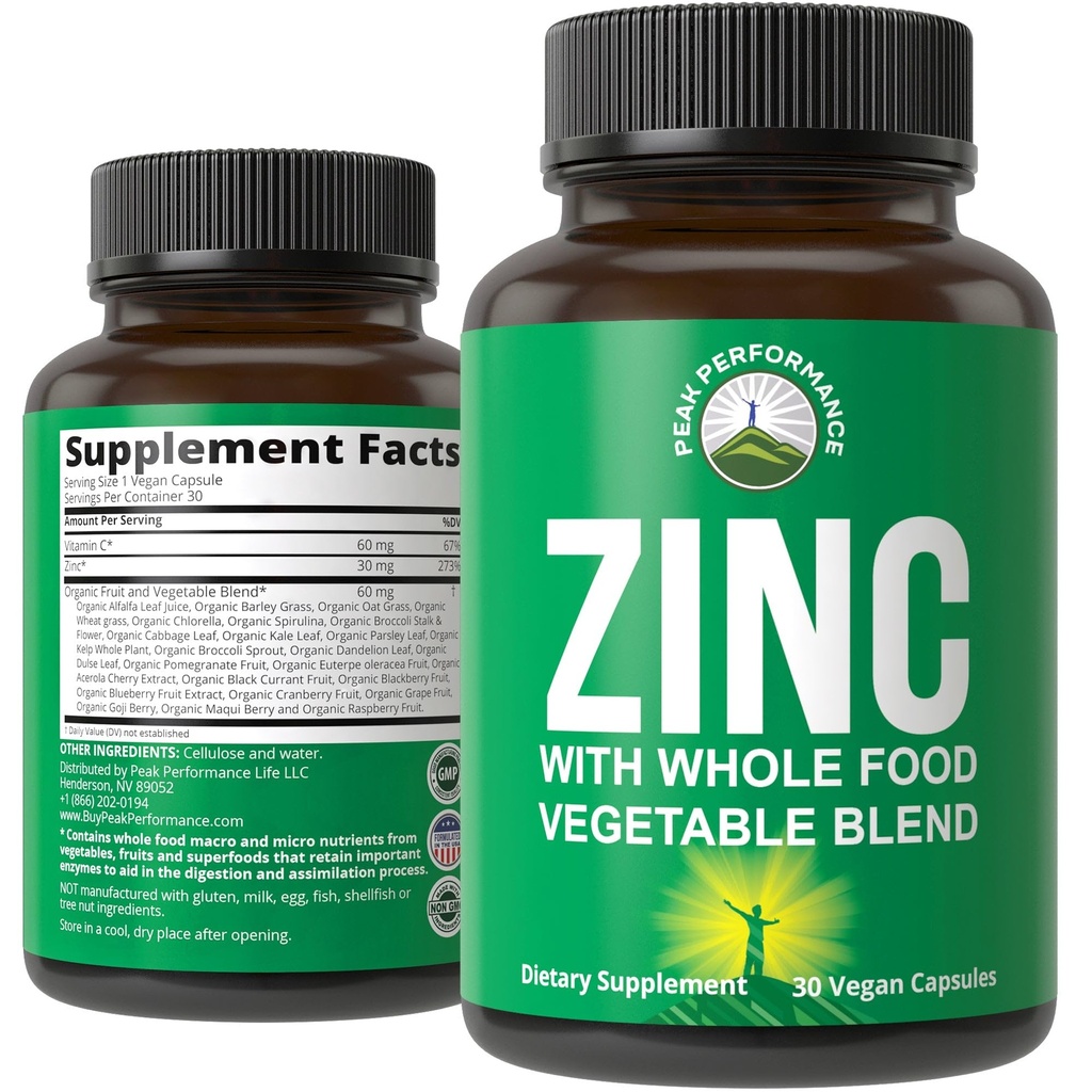Suplemento de Zinc vegano con vitamina C + Alimento integral de 25 verduras y frutas para la absorción máxima. Suplementos Zinc cápsulas de 30 mg, píldoras, tabletas, vitaminas para adultos tanto hombres como mujeres