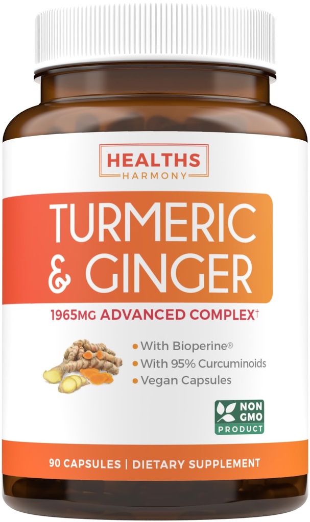 Suplemento Turmeric y Ginger (No-GMO) 1980mg Servir - Curcumina Turmérica con Bioperina de Pepper Negro, Extracto de jengibre, y 95% Curcuminoides Polvo - Tumérico Soporte Conjunto Suplemento - 90 cápsulas