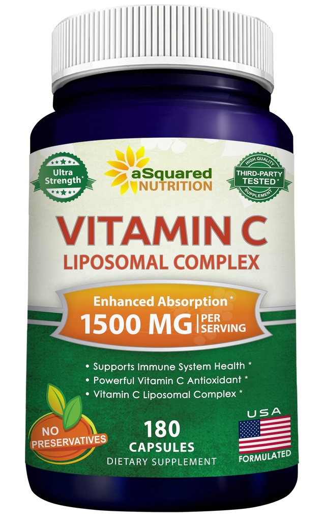 ASquared Nutrition Vitamin C Liposomal Complex - 1500mg Suplemento - 180 Capsules - Alta Absorción VIT C Ascorbic Acid Pills - Supports Immune System & Collagen Health - 90 Servings