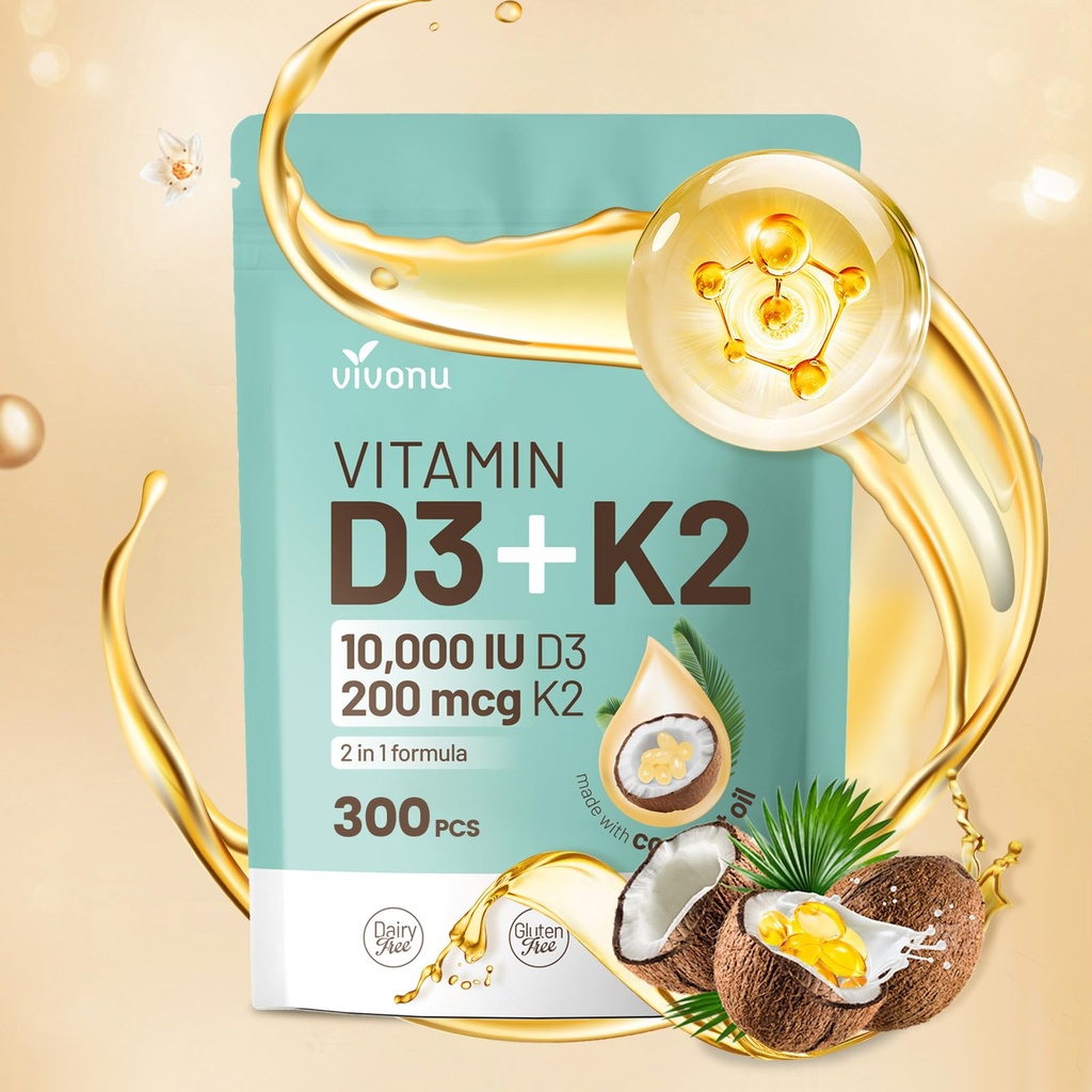 VivoNu Vitamina D3 K2 10000 UI con MK7-300 Aceite de coco virgen Softgels, 2 en 1 Complejo de vitaminas D &amp; K tención Vitamina D3 con K2 ((1Bag)