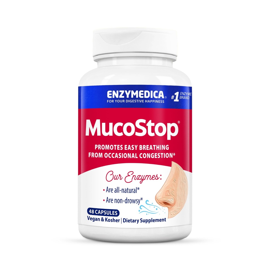 Enzymedica, MucoStop, Suplemento Natural Enzyme, Alivia la Congestión Estacional o Ocasional, apoya la respiración fácil, 48 Cuenta