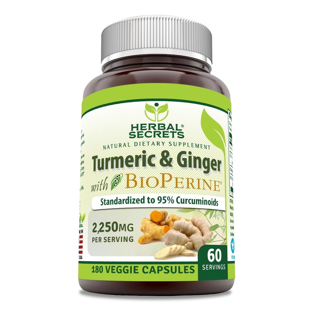 Herbal Secrets Turmeric Curcumin &amp; Ginger with BioPerine Supplement TEN 2,250 Mg Por Serving Silencio 180 Capsules ← Non-GMO TEN Gluten Free TEN Made in USA