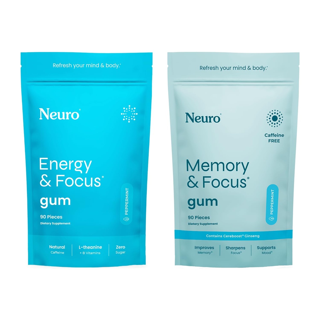 Conjunto de enfoque neurológico – 90 Cuenta cada (Peppermint) – Gumas de corte sin azúcar con cafeína natural, L-Theanine, B-Vitamins & Ginseng for Energy, Alertness & Clarity