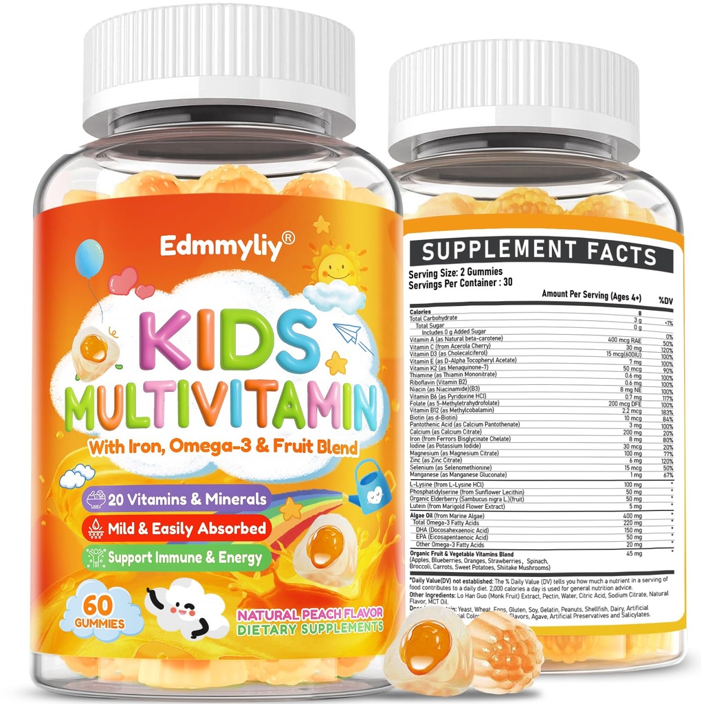 Gummies multivitamínicos para niños - Vitaminas A D3 K2, Metilizado B-Complex con Omega-3, Hierro para Immune &amp; Development Support - Orgánica de sabor mixto multivitaminas para niños diariamente - Sugar Gratis &amp; Vegan