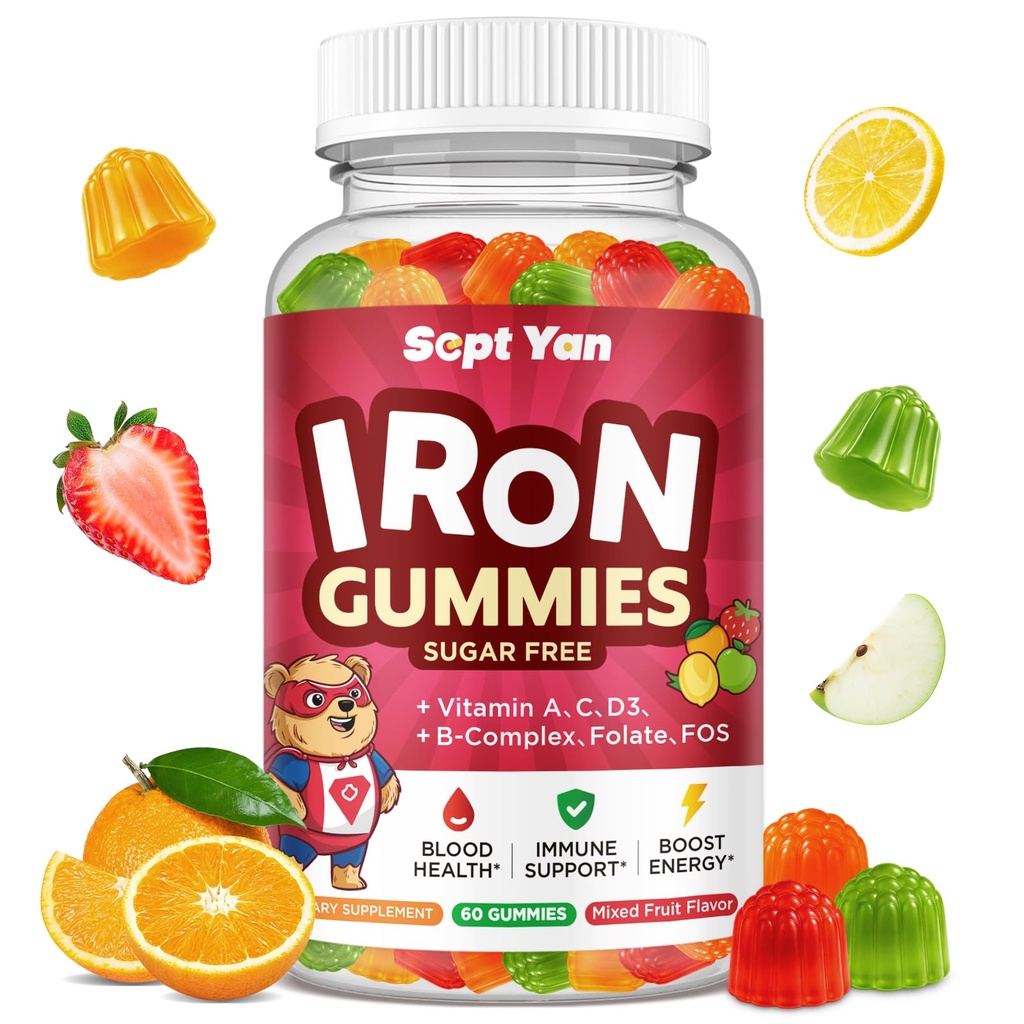 Suplemento de hierro Gummies para niños, niños multivitamínicos con hierro - Complejo de vitamina B, C, D3, Calcio, Folato, Zinc, FOS para el constructor de sangre " Apoyo energético, deficiencia de hierro, vegano, sabor de frutas mezcladas, 60 ct