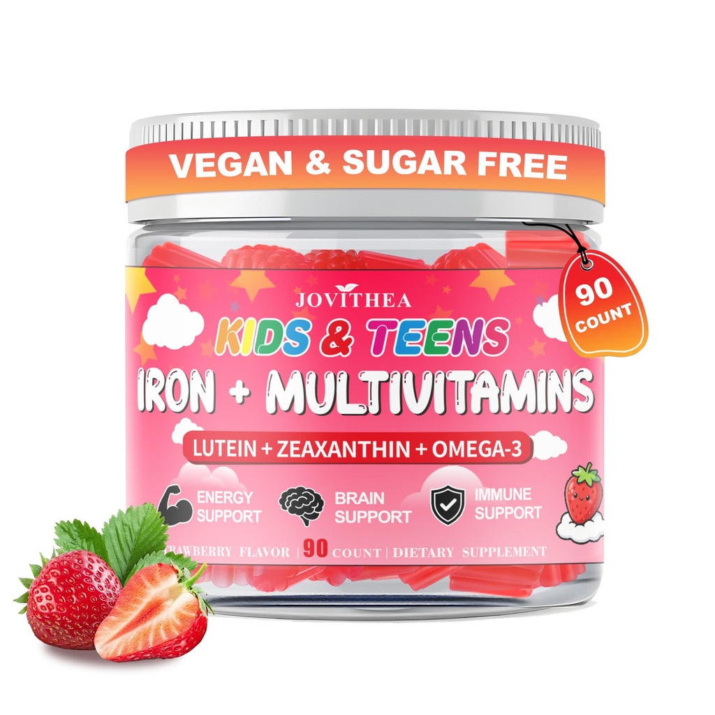 90 Conde ← Mangas de hierro para niños, Multivitamina de niños con calcio, zinc, folato, Omega-3 " Lutein, energía de apoyo, inmunidad, deficiencia de hierro, anemia " salud cerebral, vegano, libre de azúcar, sabor a fresa