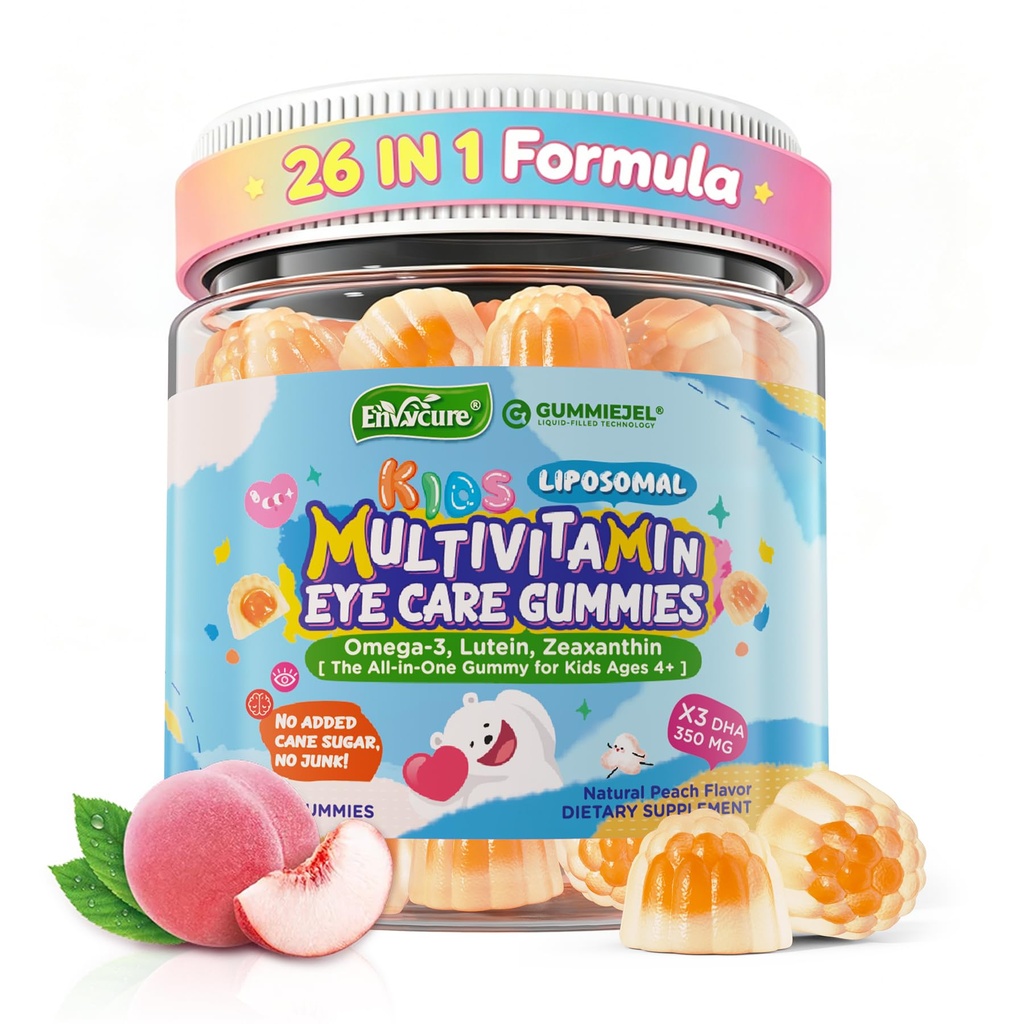 Niños Gummies multivitamínicos con hierro, 450mg Algae Omega-3, Metilada B12, Folato, Fibra 2g, Probióticos, Magnesio, A, C, D, K, Zinc, Vitaminas para el Crecimiento, Cerebro, Ojo, Gut, Inmune, Azúcar Gratis