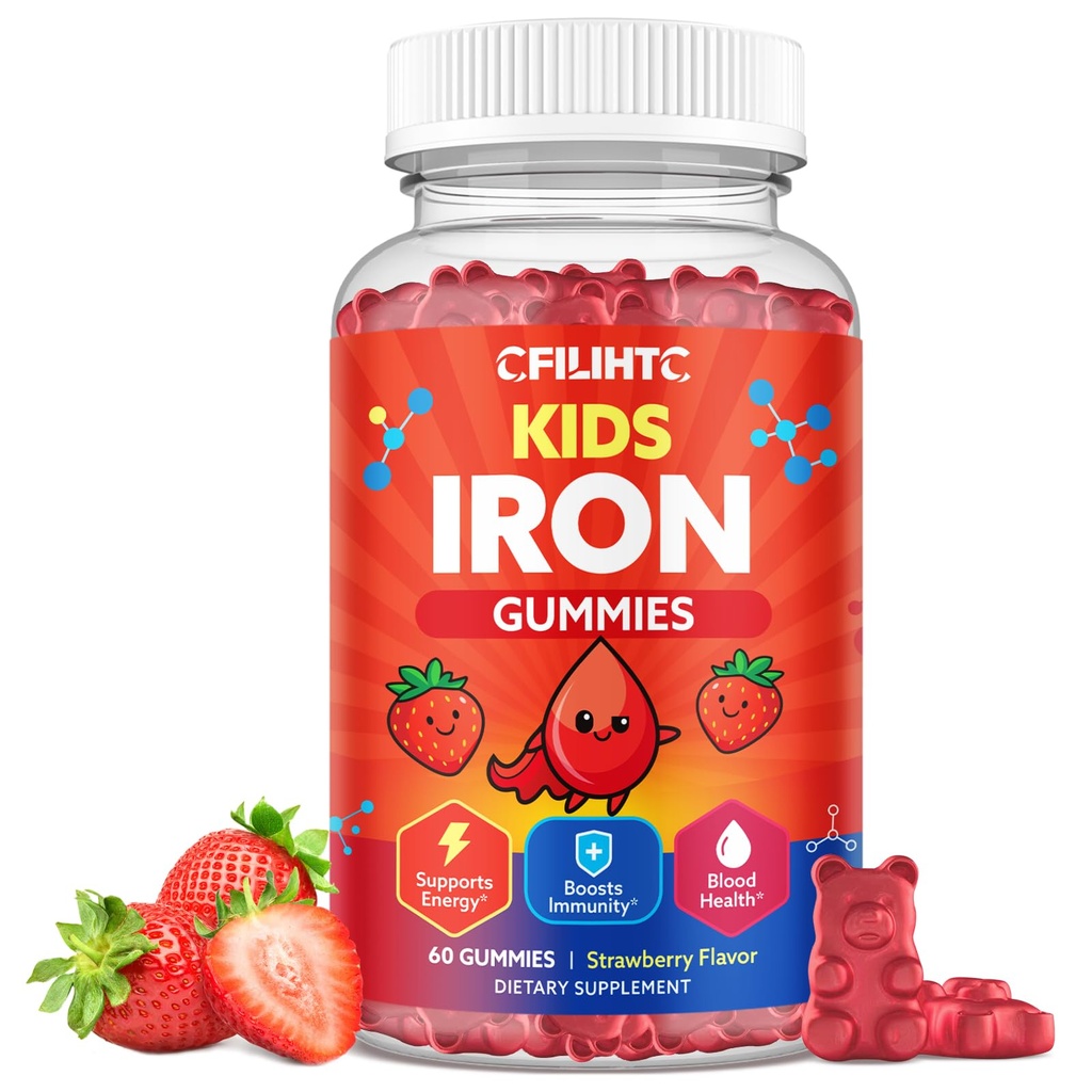 Gummies de hierro para niños " adolescentes " , Multivitamina para niños con suplemento de hierro, calcio, folato, zinc, prebiótico - para el constructor de sangre " Apoyo energético, deficiencia de hierro - Vegan " No GMO - 60 Cuenta de fresa