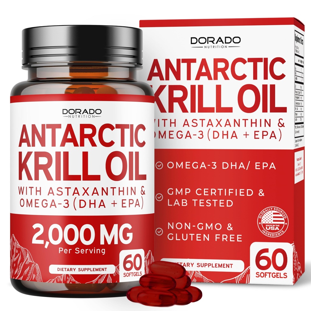 Suplemento de aceite de Krill Antártico (2000mg Por Serving, 60 Softgels) Krill Oil Omega 3 Suplementos con EPA, DHA &amp; Astaxanthin - Phospholipid Premium para Adultos - Tercera Parte Probada, No GMO &amp; EE.UU.